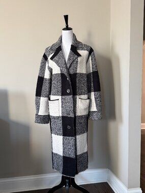Pilcro Anthropologie Black White Plaid Oversized Coat XS Bouclé Long Coatigan
